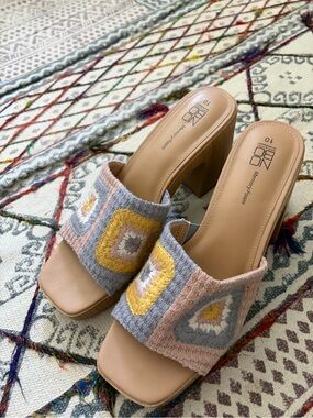 No Boundaries Pink, Yellow & Gray Crochet Block Heel Mules